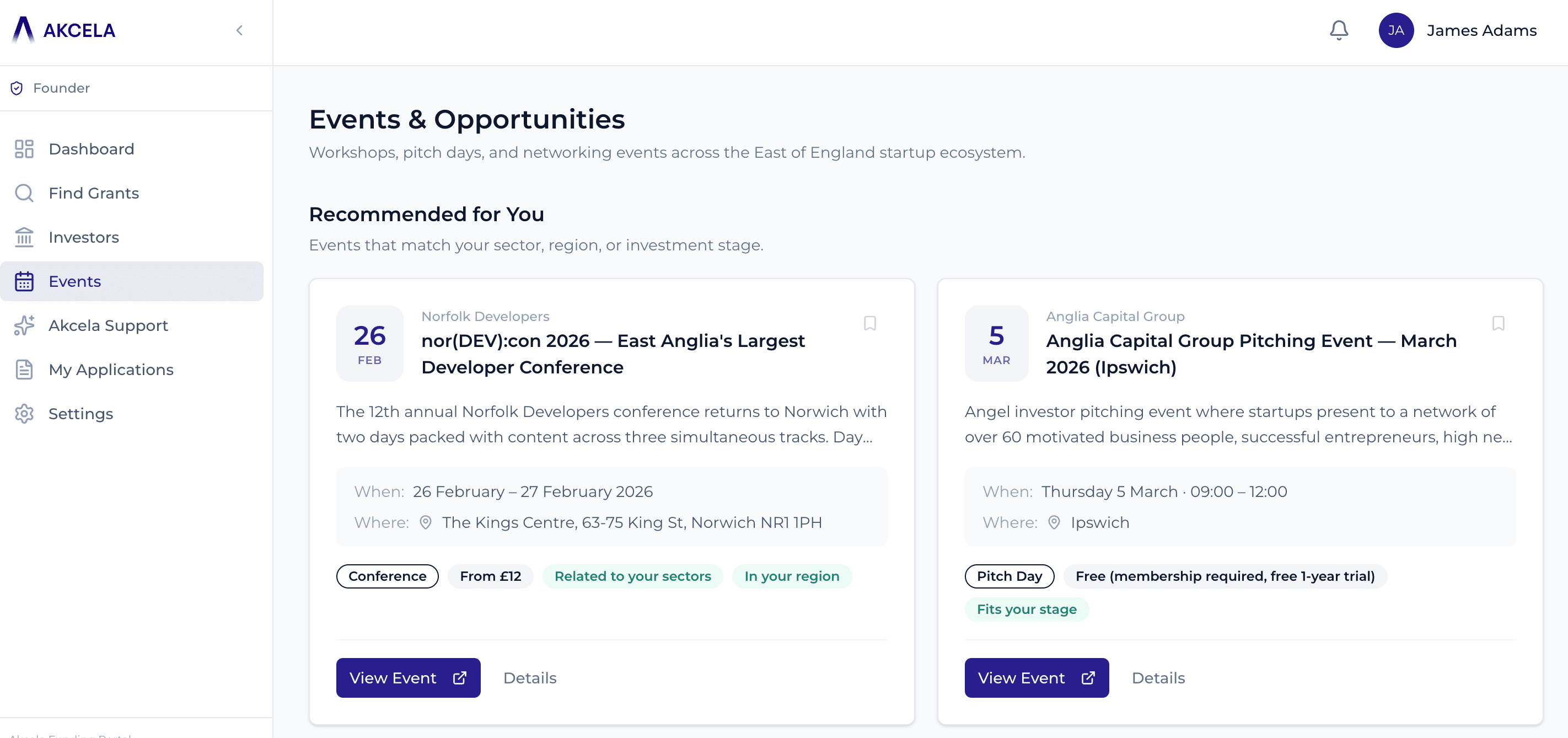The Akcela Startup Portal events page showing recommended workshops, pitch days, and conferences with relevance badges