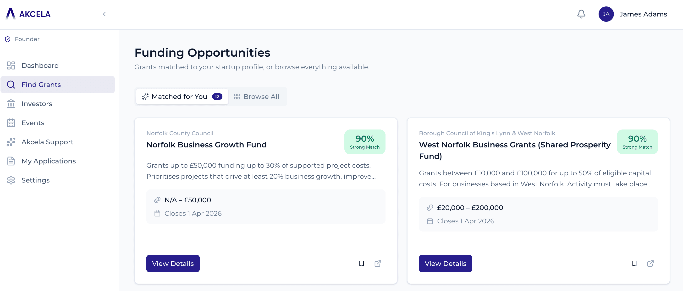 The Akcela Startup Portal grants dashboard showing funding opportunities matched to a startup profile with percentage match scores